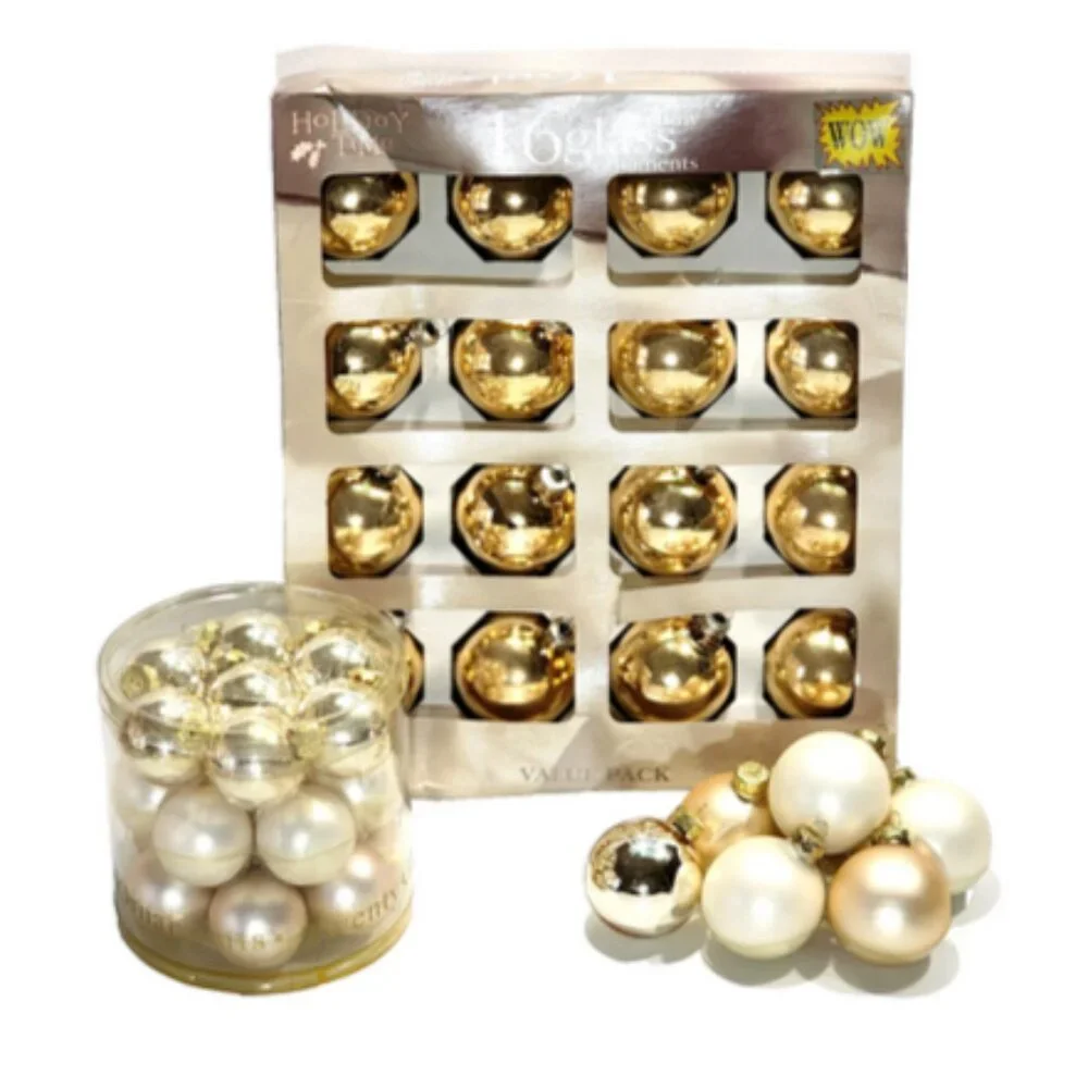 43 Gold Glass Christmas Ornaments mixed size Bright Gold, Champagne & Ivory